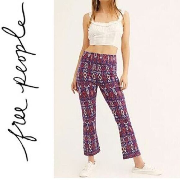 Free People Ikat Tribal Printed Pull On Knit Cropped Flare Pants Size 6 - Picture 1 of 9